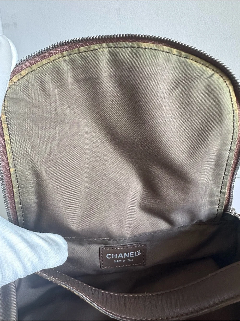 Vintage CHANEL New Travel Line Olive Khaki CC Jacquard Vanity Bag with Card